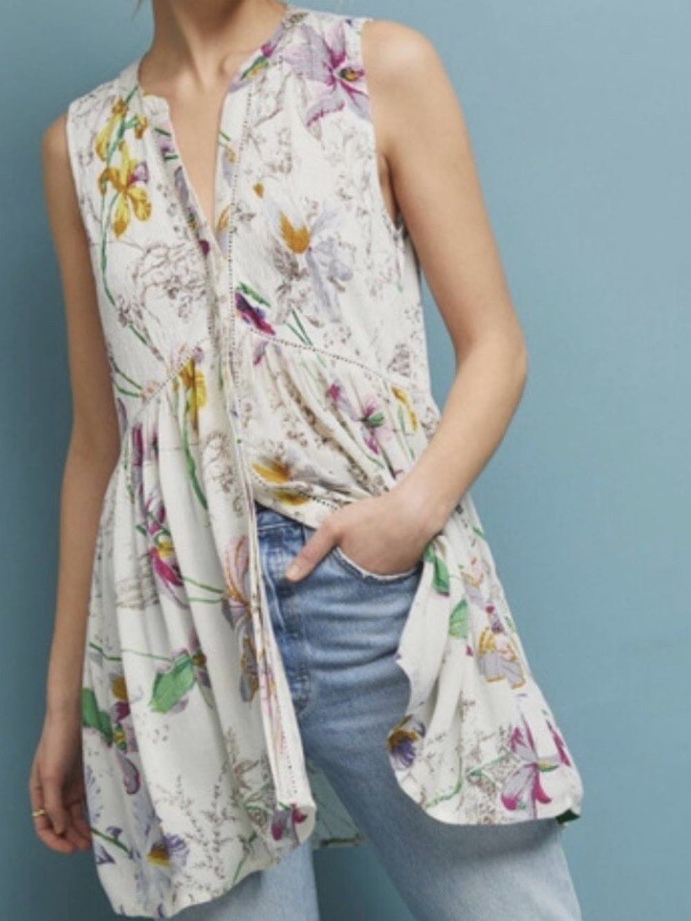 Anthropologie Floral Sleeveless Painterly Tunic Top / Cover‑Up – Size Medium